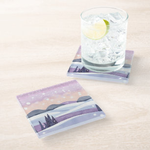 Winter Purple Hills Watercolor Glass Coaster