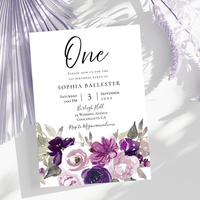 Winter Purple Lavender Floral 1st Birthday Party Invitation (Creator Uploaded)