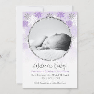 Winter Purple & Silver Snowflake Baby Birth Announ Announcement