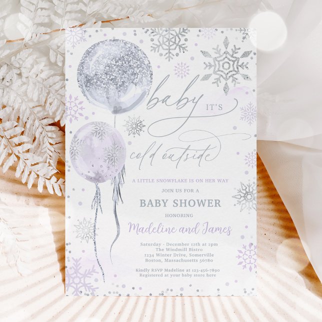 Winter Purple & Silver Snowflake Baby Shower Invitation (Creator Uploaded)