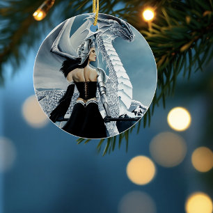 Winter Queen White Dragon Fantasy Ceramic Tree Decoration
