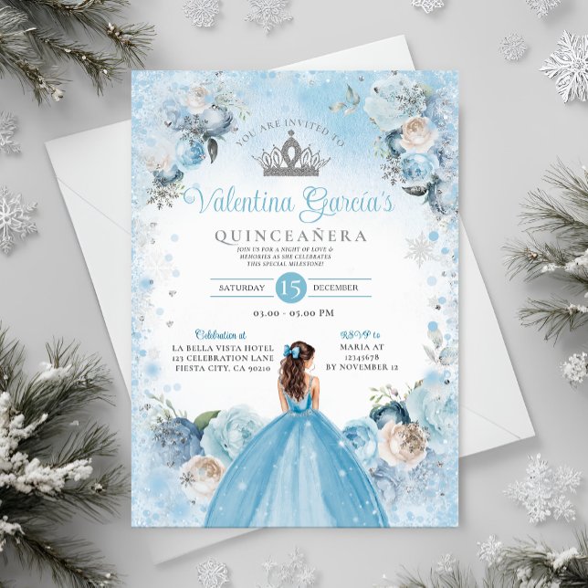 Winter Quinceañera Snowflakes Dusty Blue Crown Invitation (Creator Uploaded)