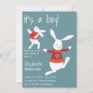 Winter Rabbit Baby Shower Boys Red Blue Modern Invitation