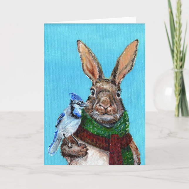 Winter Rabbit with Blue Jay Card (Front)