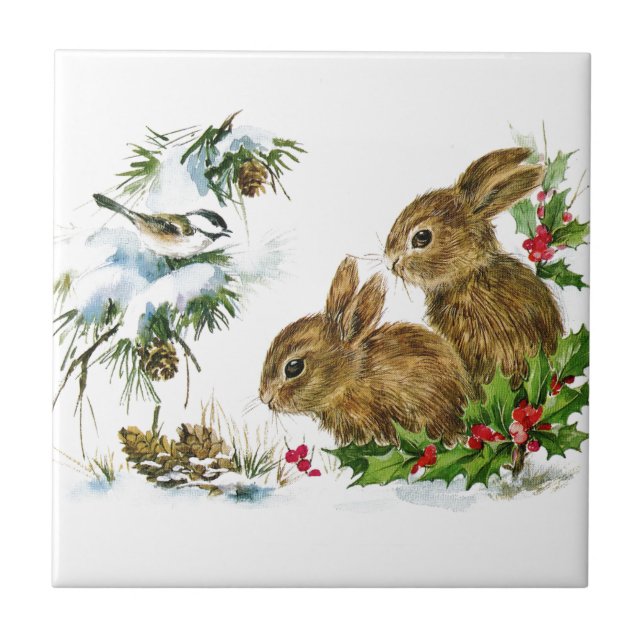 Winter Rabbits Ceramic Tile (Front)