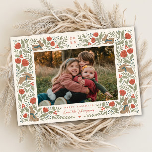 Winter Rabbits Woodland Floral Christmas Photo Holiday Card