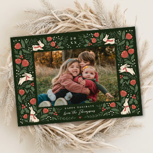 Winter Rabbits Woodland Floral Christmas Photo Holiday Card