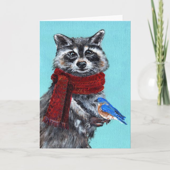 Winter Raccoon with Bluebird Card (Front)