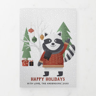 Winter racoon and trees Christmas multi photo Tri-Fold Holiday Card