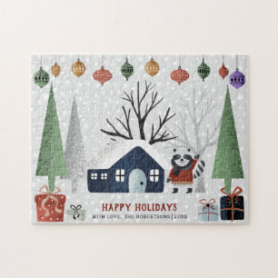Winter racoon and trees Happy holidays Christmas Jigsaw Puzzle