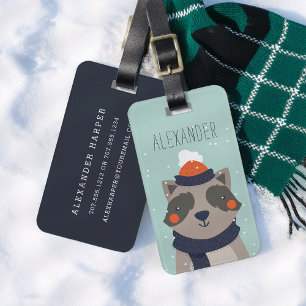 Winter Racoon Personalised Bag Tag   Mint