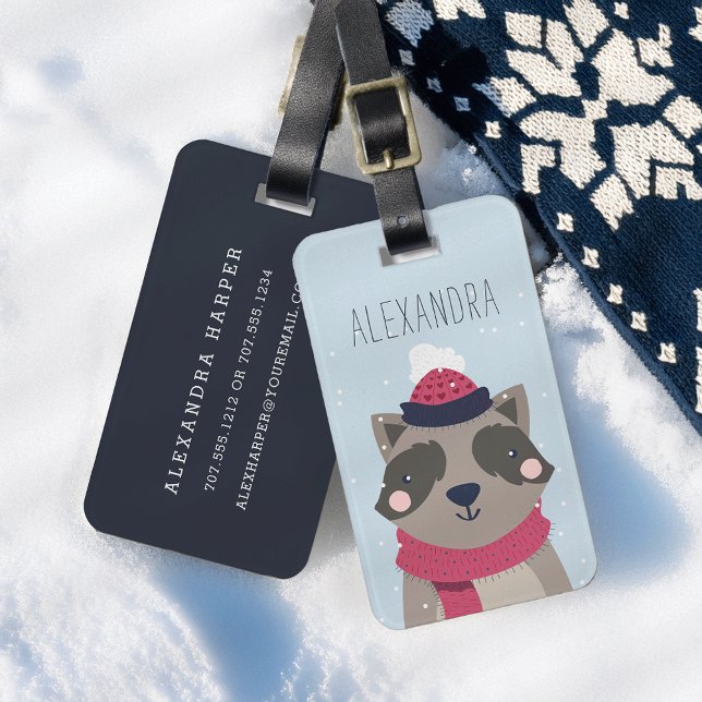 Winter Racoon Personalised Bag Tag | Sky (Creator Uploaded)