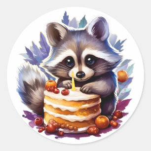 Winter Racoon with a 1th Birthday cake Classic Round Sticker