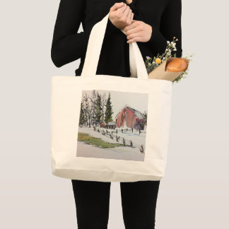 Winter Red Barn Tote Bag ink with watercolor