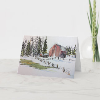 Winter Red Barn Watercolor Landscape Thank You Card