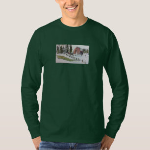 Winter Red Barn watercolor long sleeved t shirt 