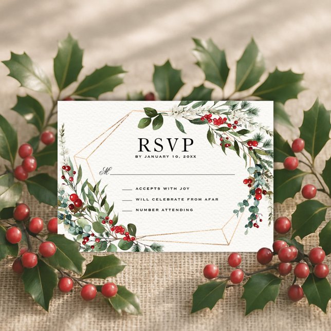 Winter Red Berries Christmas Greenery Wedding RSVP Card (Creator Uploaded)