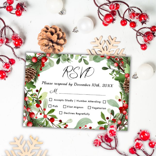Winter Red Berries | Christmas Wedding RSVP Card (Creator Uploaded)