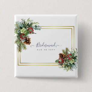 Winter Red Berries Pine Cones Wedding 15 Cm Square Badge