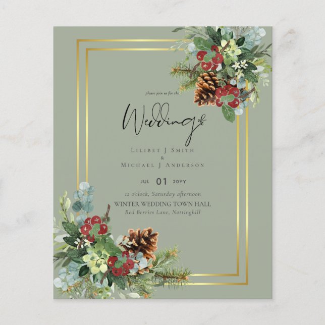 Winter Red Berries Pine Cones Wedding Flyer (Front)