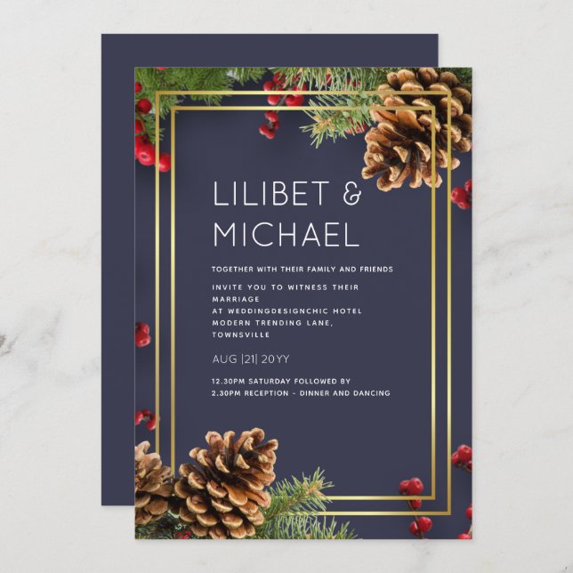 Winter Red Berries Pine Cones Wedding Invitation (Front/Back)