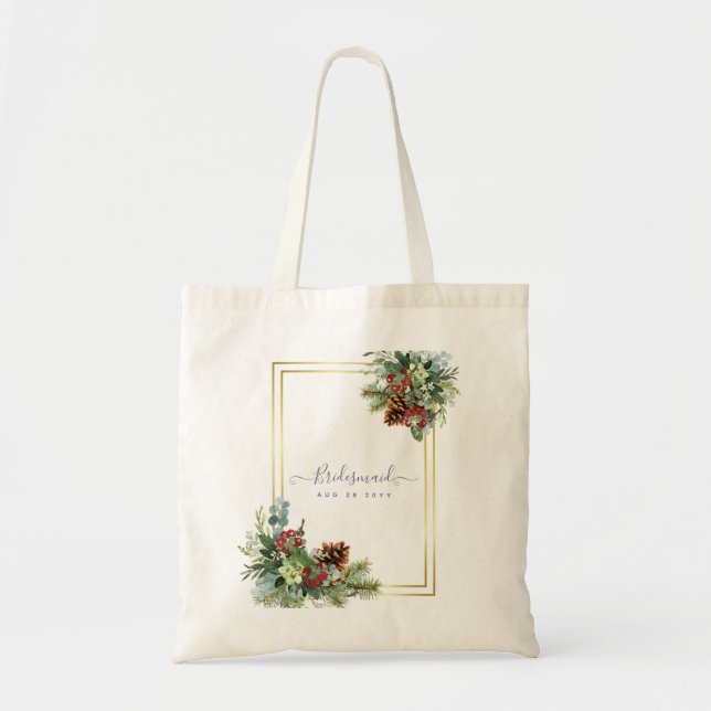 Winter Red Berries Pine Cones Wedding Tote Bag (Front)