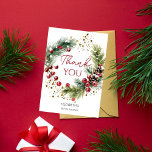 Winter  red berries snowy pines wreath thank you card<br><div class="desc">Winter bridal shower wedding watercolor snowy pine wreath with red berries pine cones and gold sprinkles thank you cards for winter  Christmas themed bridal shower wedding thank you cards</div>