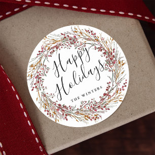 Winter Red Berry Wreath Happy Holidays Classic Round Sticker