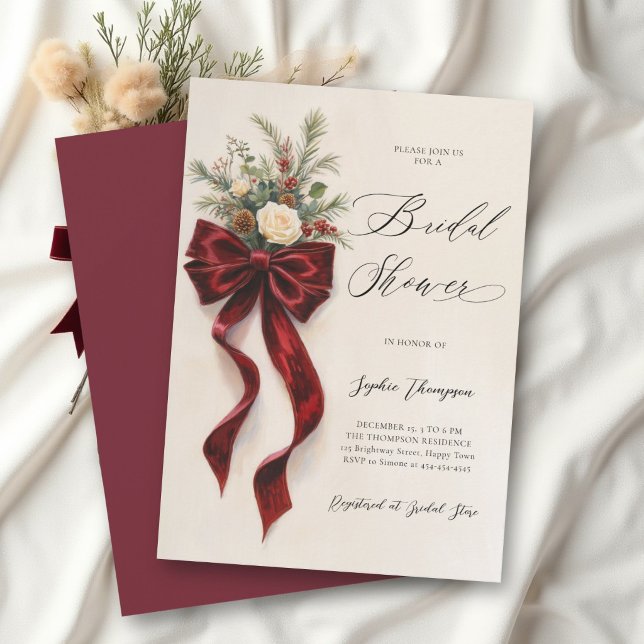 Winter Red Bow Script Christmas Bridal Shower Invitation (Creator Uploaded)
