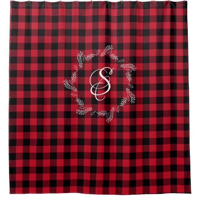 Winter Red Buffalo Check Plaid Wreath Monogram Sho Shower Curtain (Front)