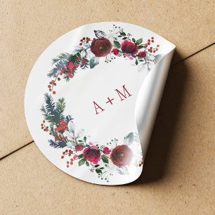 Winter red burgundy peonies wedding monogram classic round sticker