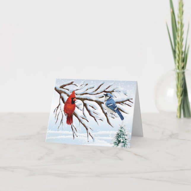 Winter Red Cardinal and Blue Jay Note Card (Front)
