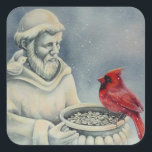 Winter Red Cardinal Bird St Francis Watercolor Art Square Sticker<br><div class="desc">"Winter Respite" Watercolor Art Sticker by Artist Jean Weiner "Winter Respite" features a red Northern Cardinal bird perched on a Saint Francis garden statue feeder on a cold winter's day. Snow is gently falling. The sunflower seeds in this feeder are a welcomed meal for this beautiful bird. The bird is...</div>