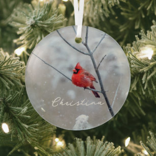 Winter Red Cardinal in Snow Glass Tree Decoration