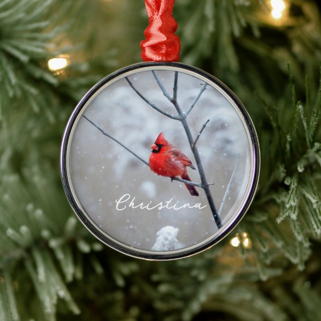 Winter Red Cardinal in Snow Metal Tree Decoration (Tree)