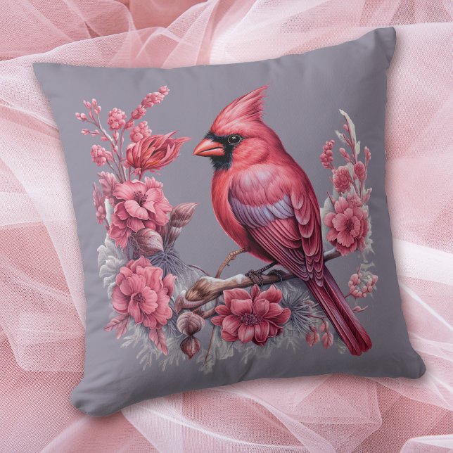 Winter Red Cardinal Pink Flowers on Grey Cushion (Creator Uploaded)