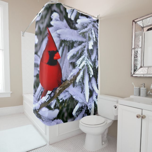 Winter Red Cardinal Shower Curtain (In Situ)