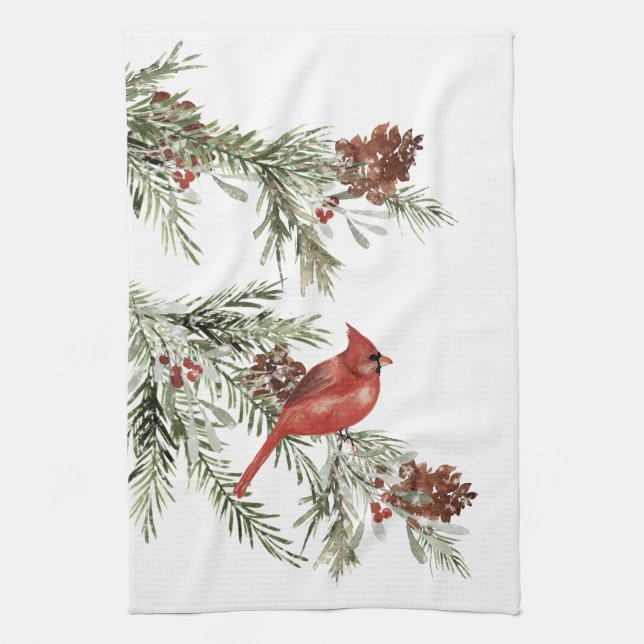 Winter Red Cardinal Spruce Tree Cones & Berries Tea Towel (Vertical)