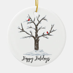 Winter Red Cardinals on Snowy Tree  Ceramic Tree Decoration