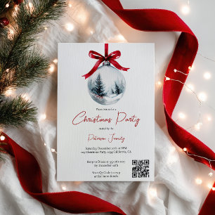 Winter Red Coquette Bow Ribbon QR Christmas Party Invitation
