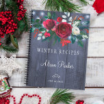 Winter red floral bouquet rustic navy barn recipes notebook<br><div class="desc">Elegant winter recipes notebook featuring beautiful red burgundy and white peonies bouquets with seasonal pine green fir branches, red berries, and foliage over a dark navy blue barn wood like background with string lights. This recipe book can be a beautiful cookbook for your own family or a keepsake personalised gift...</div>