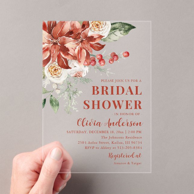 Winter Red Floral Christmas Bridal Shower Acrylic Invitations (Insitu (Handheld))