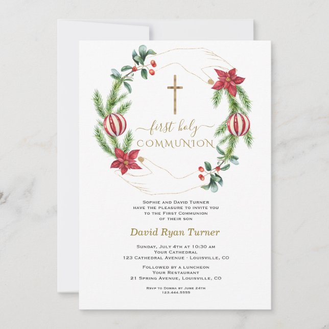 Winter Red Floral Green Gold First Holy Communion Invitation (Front)