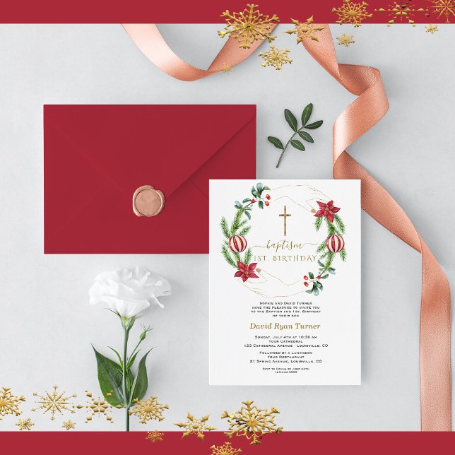 Winter Red Floral Green Gold First Holy Communion Invitation (christmas baptism 1st birthday invitation, winter holidays baptism invitation)