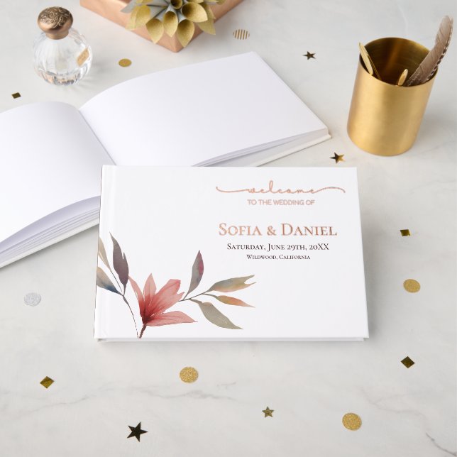 Winter Red Flower Watercolor Wedding Guest Book (Front Open)