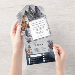Winter red fox country snow wedding with RSVP All In One Invitation