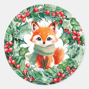 Winter Red Fox Green and Berries Baby Shower Classic Round Sticker