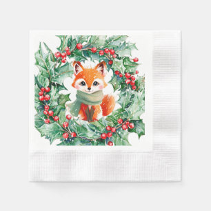 Winter Red Fox Green and Berries Baby Shower Napkin