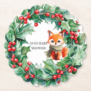 Winter Red Fox Green and Berries Baby Shower Paper Coaster