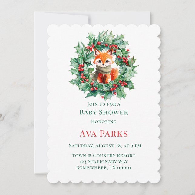 Winter Red Fox Green Berries Baby Shower Christmas Invitation (Front)